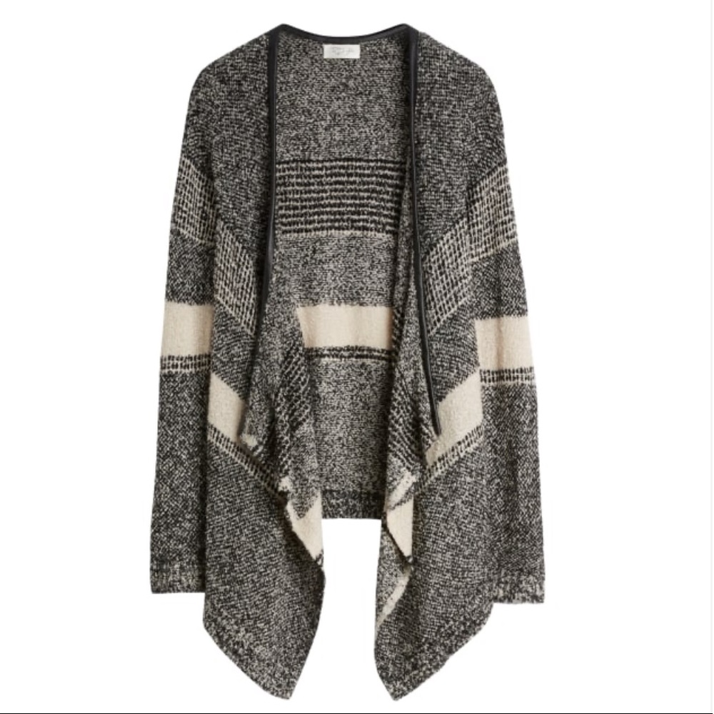 Laurel faux leather trim open front cardigan